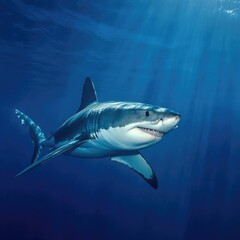 Fototapeta premium Great White Shark Swimming in Blue Ocean