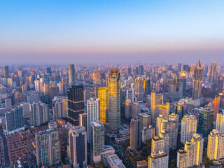 Aerial view of viaduct in CBD of Shanghai at sunset in autumn