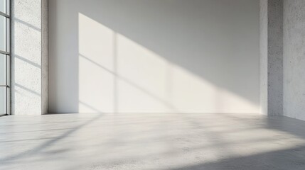 3D rendering of an empty room with concrete walls and a white wall in the center