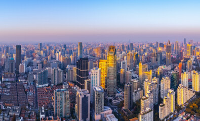 Fototapeta premium Aerial View of Shanghai skyline at sunset in autumn
