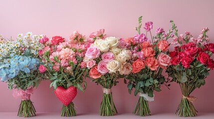 Fototapeta premium Valentine Hearts concept. Vibrant Bouquet Collection Pink Background Studio Shot.