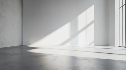 3D rendering of an empty room with concrete walls and a white wall in the center