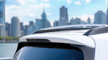 Modern White SUV Rear Detail, City Skyline