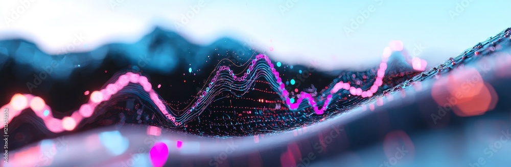 Poster stock analysis visualization with big data using a plexus effect. focuses on quantum computer techno