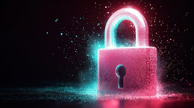 Quantum Computing: The future of cybersecurity . Glowing padlock surrounded by colorful particles in dark background.