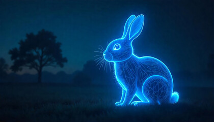 Glowing Neon Rabbit Silhouette in Night Field Mystical Nature Scene