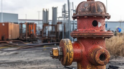 Fototapeta premium Heavy-duty fire hydrant with visible wear and tear, metal equipment in background.