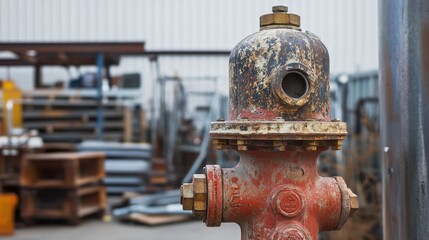 Fototapeta premium Heavy-duty fire hydrant with visible wear and tear, metal equipment in background.