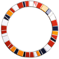 Circular arrangement of vibrant glass tiles in various colors creating a decorative pattern isolated on transparent background.