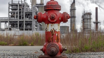 Fototapeta premium Red fire hydrant with faded paint, rugged metal, industrial plant in background.