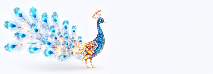 Fototapeta premium Banner of artistic depiction of a glowing peacock with blue, orange feathers, set against a light background. Concept of elegant, uniqueness, digital style, postcard