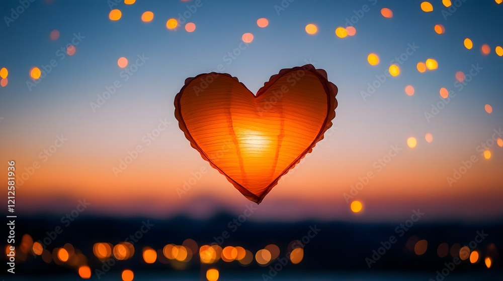 Poster Beautiful heart-shaped lantern illuminated against a magical twilight sky with soft bokeh lights creating an enchanting atmosphere of romance and celebration.