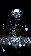 Crystal clear Diamond float in mid air with glitter silver diamond dust explode. Black background
