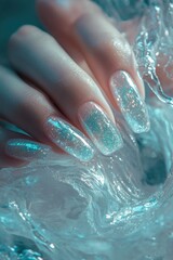 Fototapeta premium Elegant nails shimmer under ocean waves, reflecting light with m