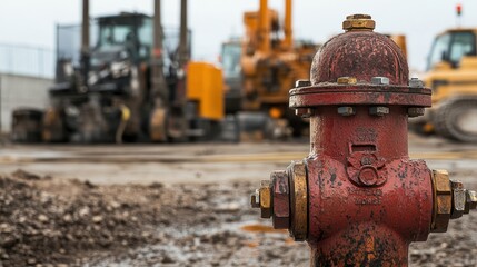 Fototapeta premium Detailed shot of fire hydrant connections, rugged and scratched, with machinery in background.
