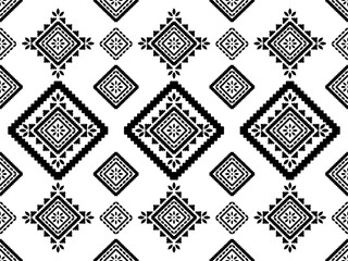 Fototapeta premium Southwest Aztec geometric Native American Mexican Navajo tribal ethnic boho indian texture ornament seamless pattern fabric black and white design vector for woven textile printing blanket rug carpet 