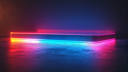 A futuristic, glowing rectangular platform emits vibrant neon pink, blue, and orange light.