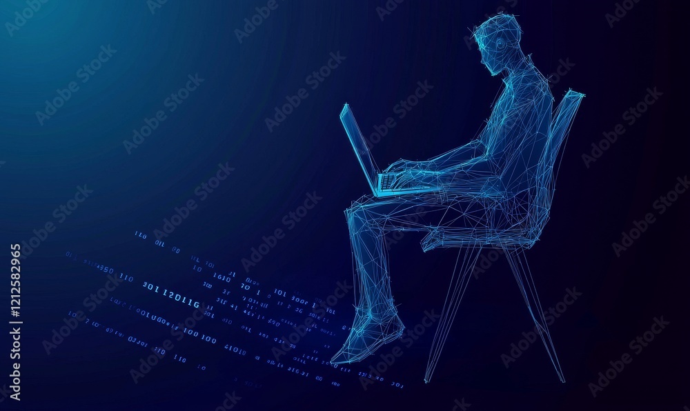 Poster concept illustration of a hacker utilizing an abstract laptop with a binary code digital interface. 
