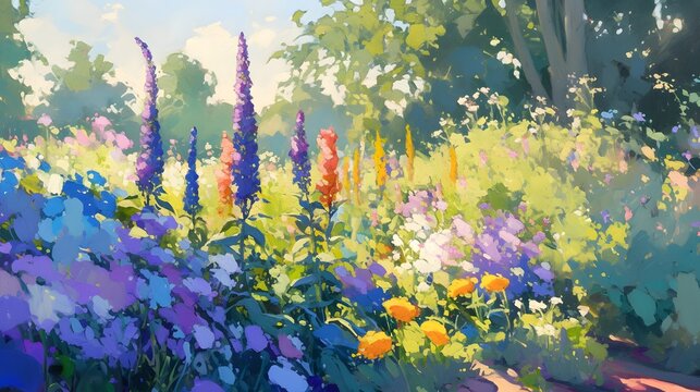 A vibrant summer garden, painted with oil and palette knife strokes, creating a lively and colorful backdrop