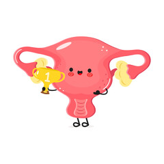 Cute smiling Uterus cartoon holding a golden trophy on white background