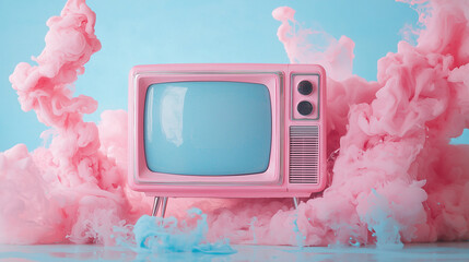 Glamorous Pastel Pink Retro TV on Light Blue Pastel Background with Paint Splashes