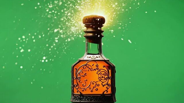 A vintagestyle flask with an orange potion emitting vibrant sparkles against a green backdrop. Green screen chromakey.