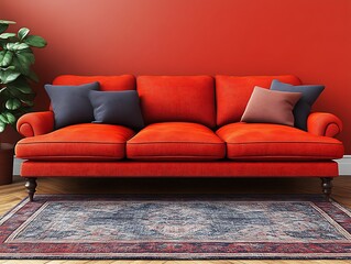 Red sofa with pillows in red room.