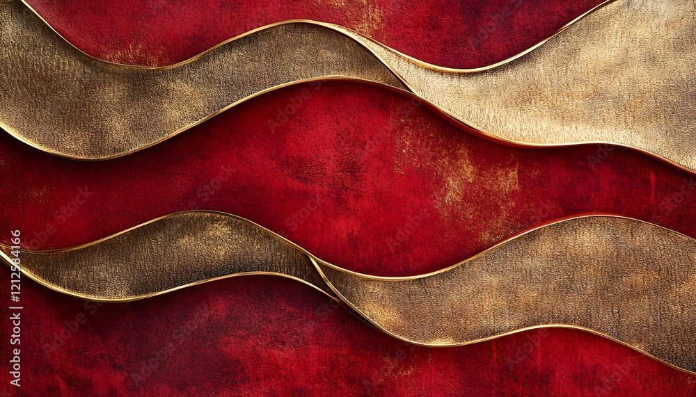 Poster Elegant Wavy Gold Accents on Rich Red Background Creating a Luxurious Texture with Depth, Perfect for Artistic and Elegant Design Projects and Backgrounds
