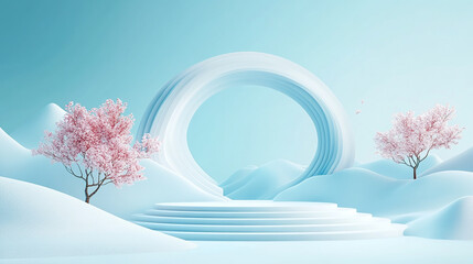 Fototapeta premium Minimalist Cherry Blossom Landscape with Modern Arch Design