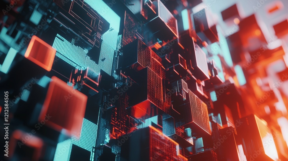 Poster a digital environment with floating, glowing particles, this futuristic hi-tech artwork conveys the 