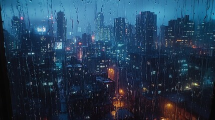 Naklejka premium A rainy cityscape at dusk seen through a window, evoking cinematic melancholy. Great for urban storytelling, emotional visuals, and drama-themed projects.