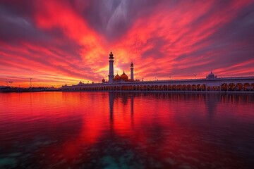 Fototapeta premium A stunning sunset illuminates a mosque silhouette, reflecting vibrant colors on calm waters, creating a serene and picturesque scene.