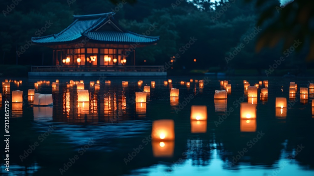 Poster serene nightscape with floating lanterns and traditional pavilion in tranquil lake, illuminating ref