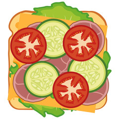 open sandwich top view, open sandwich with bacon.