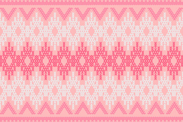 Ikat cross stitch geometric embroidery seamless knitted pattern on damask background. Perfect decorative design for sweater, fabric, decoration, illustration, ornament, texture, textile, interior