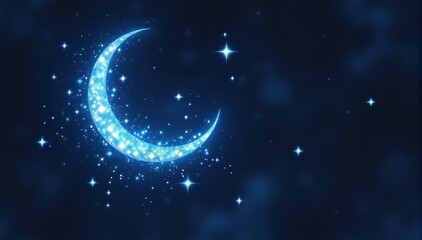 A shimmering blue crescent moon surrounded by sparkling stars.