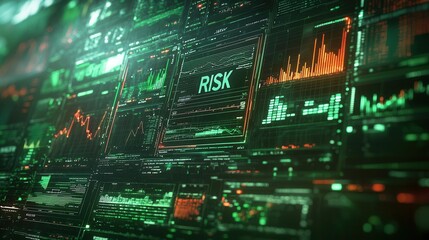 'RISK' marked in a spreadsheet cell, green and red financial charts in the margins, digital interface with a futuristic business aesthetic, hyperrealistic details