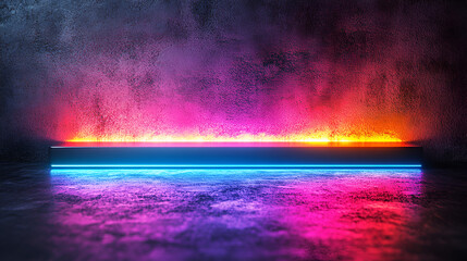 Bright neon light bars, blue below and orange/red above, illuminate a smoky, dark room