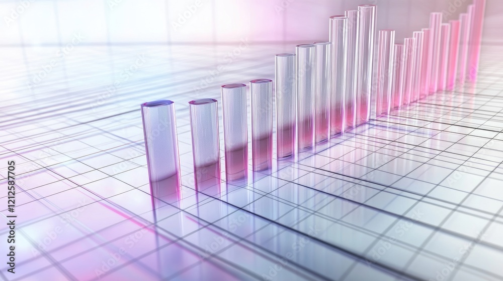 Poster a futuristic d bar graph with transparent bars of varying heights, hovering over a digital grid, rep