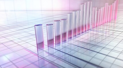 A futuristic D bar graph with transparent bars of varying heights, hovering over a digital grid, representing data visualization in tech or finance.