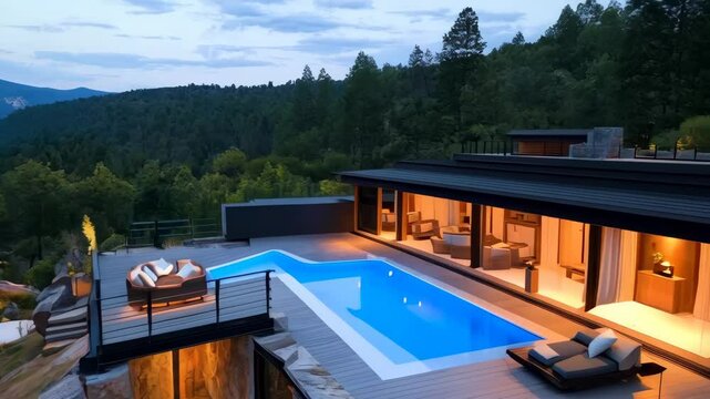 Modern mountain retreat with spacious pool and panoramic forest views