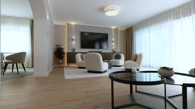 Interior tracking shot of real estate house with modern luxury living room and dining room