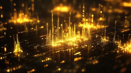 Obraz premium A glowing D financial graph with golden candlesticks, indicating the rise and fall of gold prices in a futuristic digital trading interface.