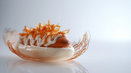 Unique hot dog with caramelized onions and artistic garnish
