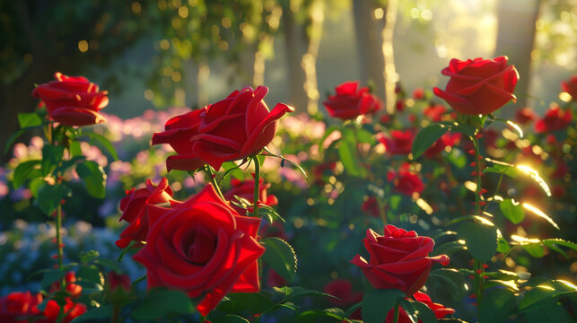 A lush rose garden featuring deep red roses in full bloom, their velvety texture captured with breathtaking UHD sharpness and vibrant natural colors.