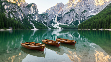 Obraz premium Vessels on Braies Lake (Pragser Wildsee) nestled in the Dolomite Mountains of South Tyrol, Italy