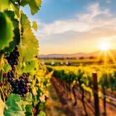 A picturesque vineyard at sunset, with lush green vines and ripe grapes basking in warm golden light.