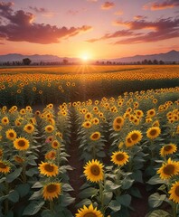 Fototapeta premium Warm sunlight casts a gentle glow over rows of tall, bright yellow sunflowers against a vibrant orange and pink sunset sky, daytime images, outdoor scene