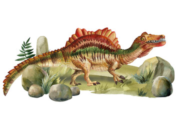 Fototapeta premium realistic watercolor dinosaurs, detailed dino clipart, isolated illustration white background, vintage Dinosaurs art