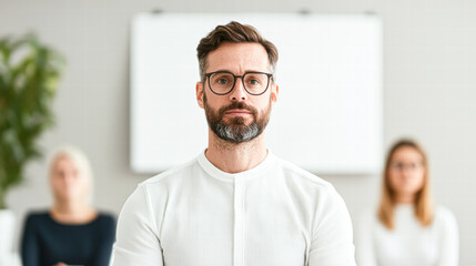 Fototapeta premium Professional man engaged in meeting modern office corporate setting focused perspective